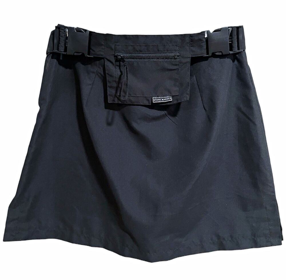 Y2K Steve Madden Utility Mini Skirt Size 3/4 Black Grunge Belt Zip Pouch Juniors